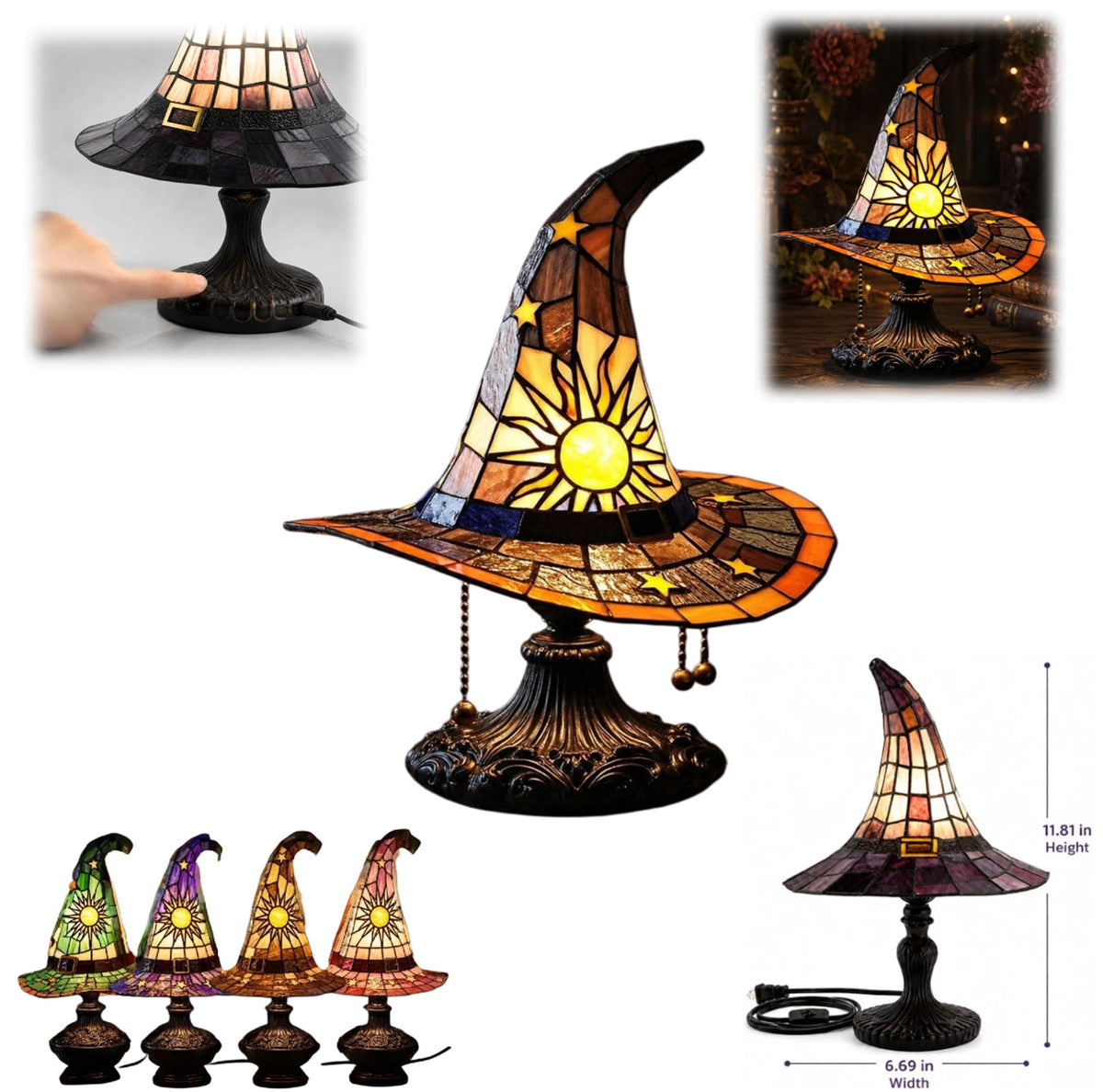 Stained Glass Witch Hat Lamp, Tiffany Style USB LED Night Light for Halloween Party & Witchy Home Decor,Amber,11.81 in