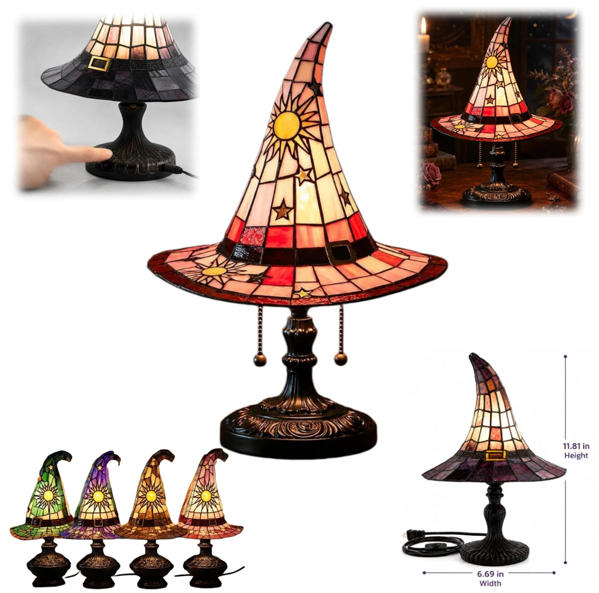 Vellune™ Stained Glass Witch Hat Lamp, Tiffany Style USB LED Night Light for Halloween Party & Witchy Home Decor,Amber,11.81 in