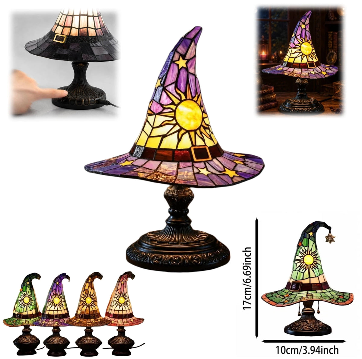 Vellune™ Stained Glass Witch Hat Lamp, Tiffany Style USB LED Night Light for Halloween Party & Witchy Home Decor,Amber,11.81 in