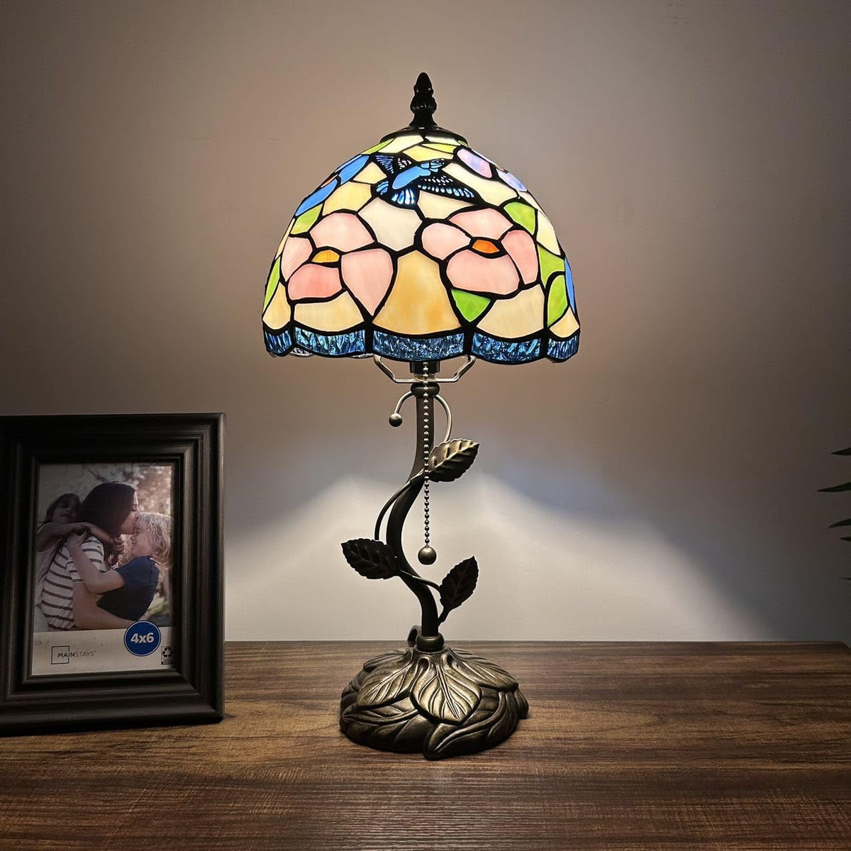 Tiffany Table Lamp Blue Pink Stained Glass Hummingbird Flowers LED Bulb Included for Living Room Bedroom Bedside 8"W*8"D*16"H