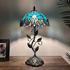 Tiffany Table Lamp Green Brown Stained Glass Iron Metal Leaves Bronze Base Included LED Bulb Liaison Lamp for Living Room Bedroom Bedside 20'H*10"W