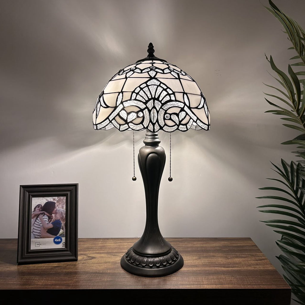 Tiffany Table Lamp White Stained Glass Baroque Style LED Bulbs Included Bedroom Living Room 12"W*12"D*22"H