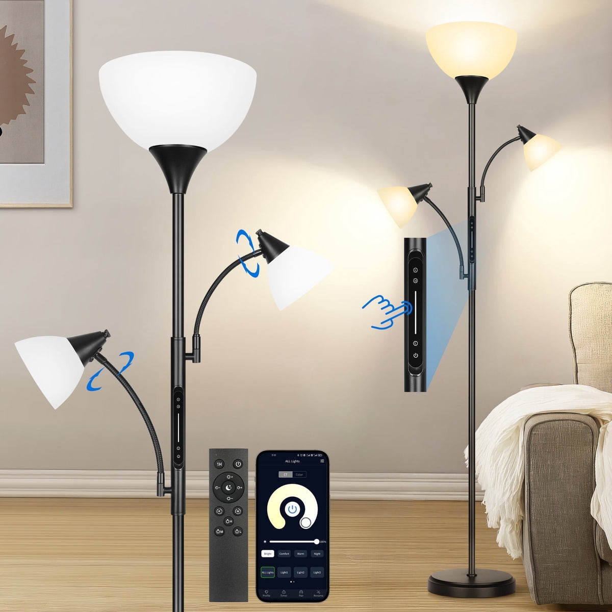 Vellune™ Floor Lamp with Reading Light for Living Room, LED Standing Lampwith Remote