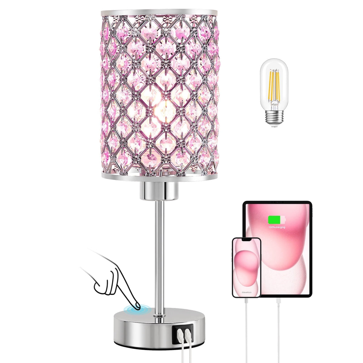 Vellune™ Crystal Table Lamp for Bedroom,Modern Dimmable Touch Lamp with Crystal