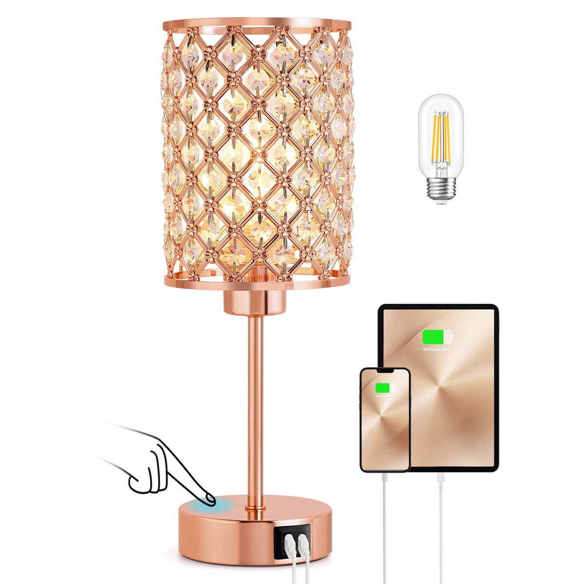 Vellune™ Crystal Table Lamp for Bedroom,Modern Dimmable Touch Lamp with Crystal