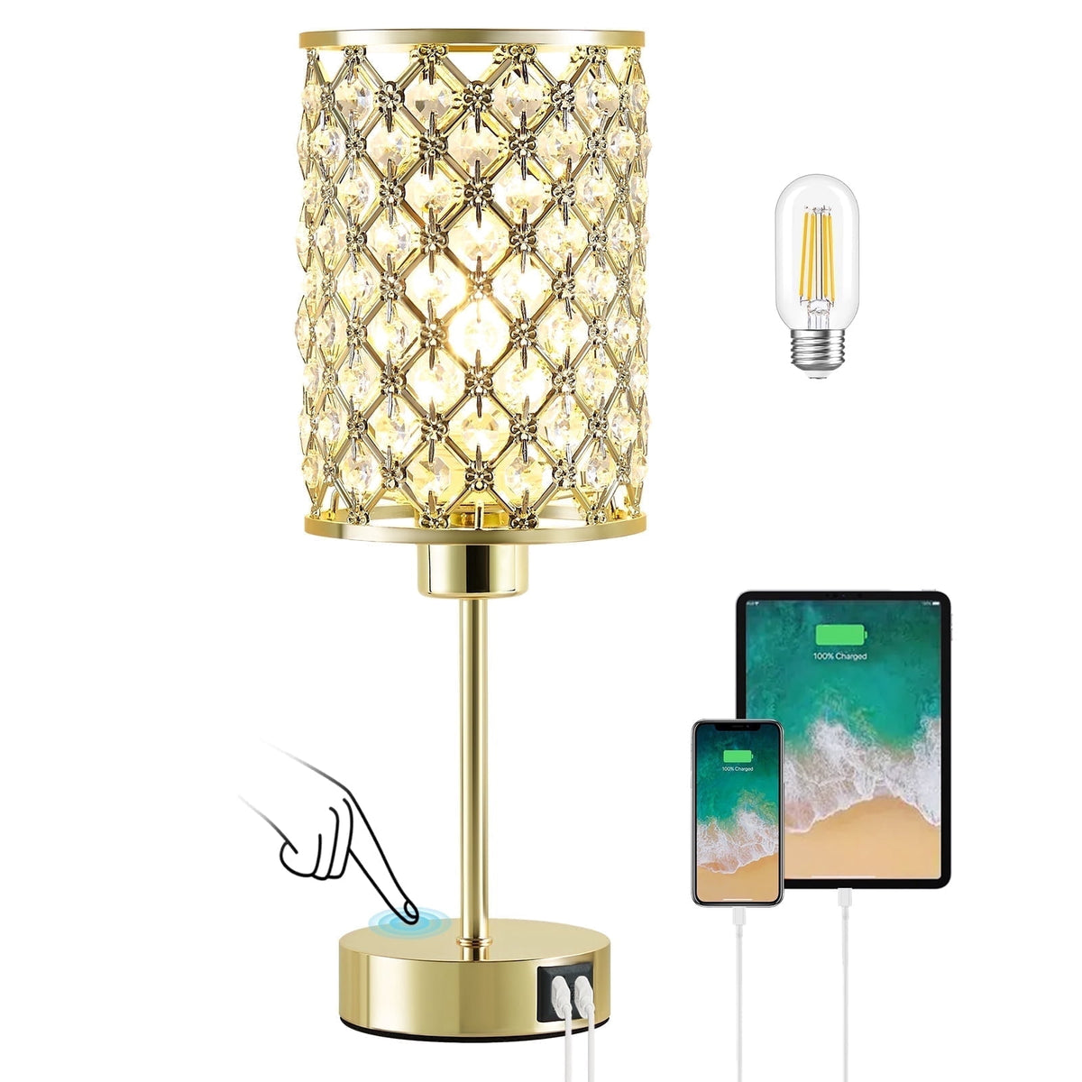 Vellune™ Crystal Table Lamp for Bedroom,Modern Dimmable Touch Lamp with Crystal