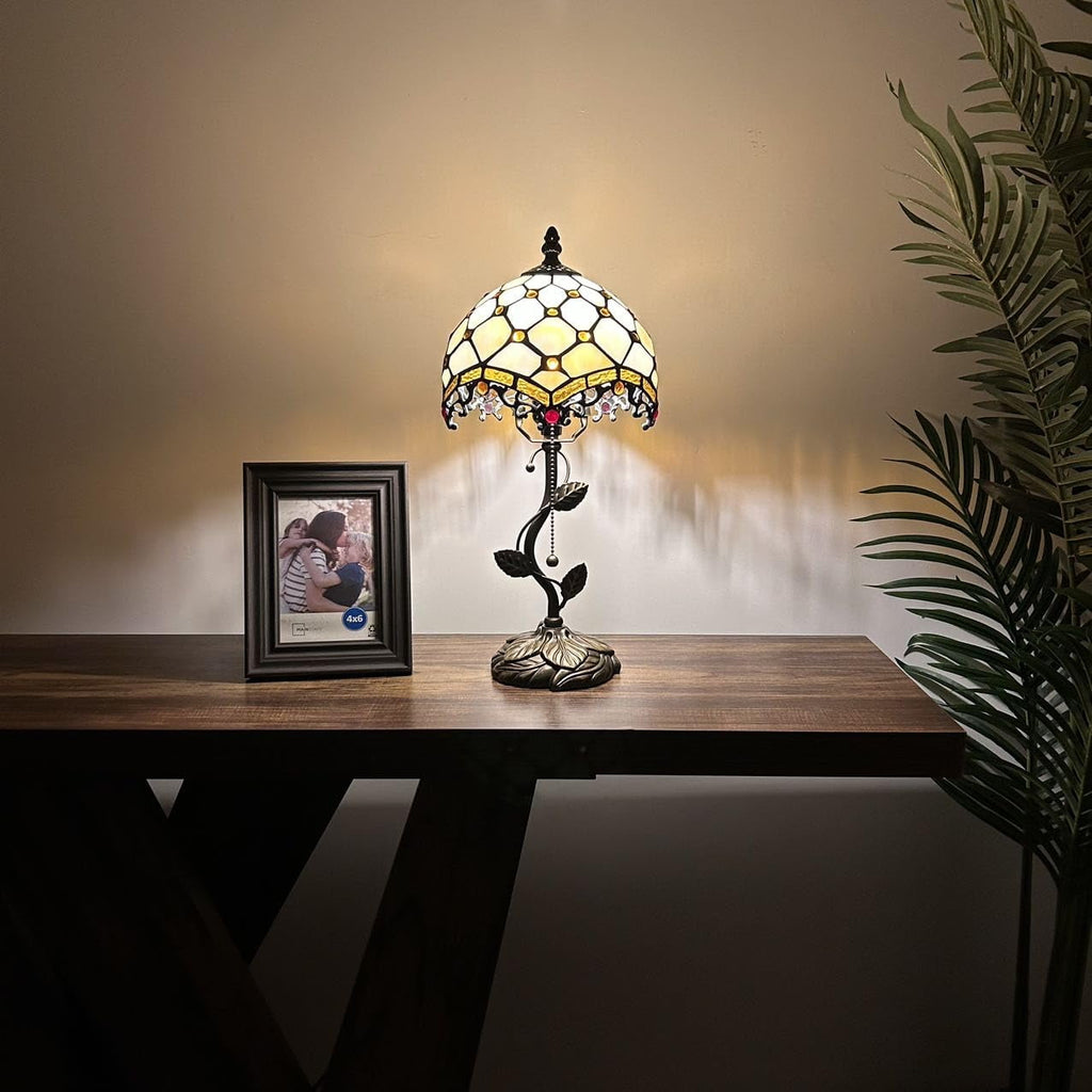 Tiffany Table Lamp Beige Stained Glass Crystal Beans LED Bulb Included for Living Room Bedroom Bedside 8"W*8"D*16"H
