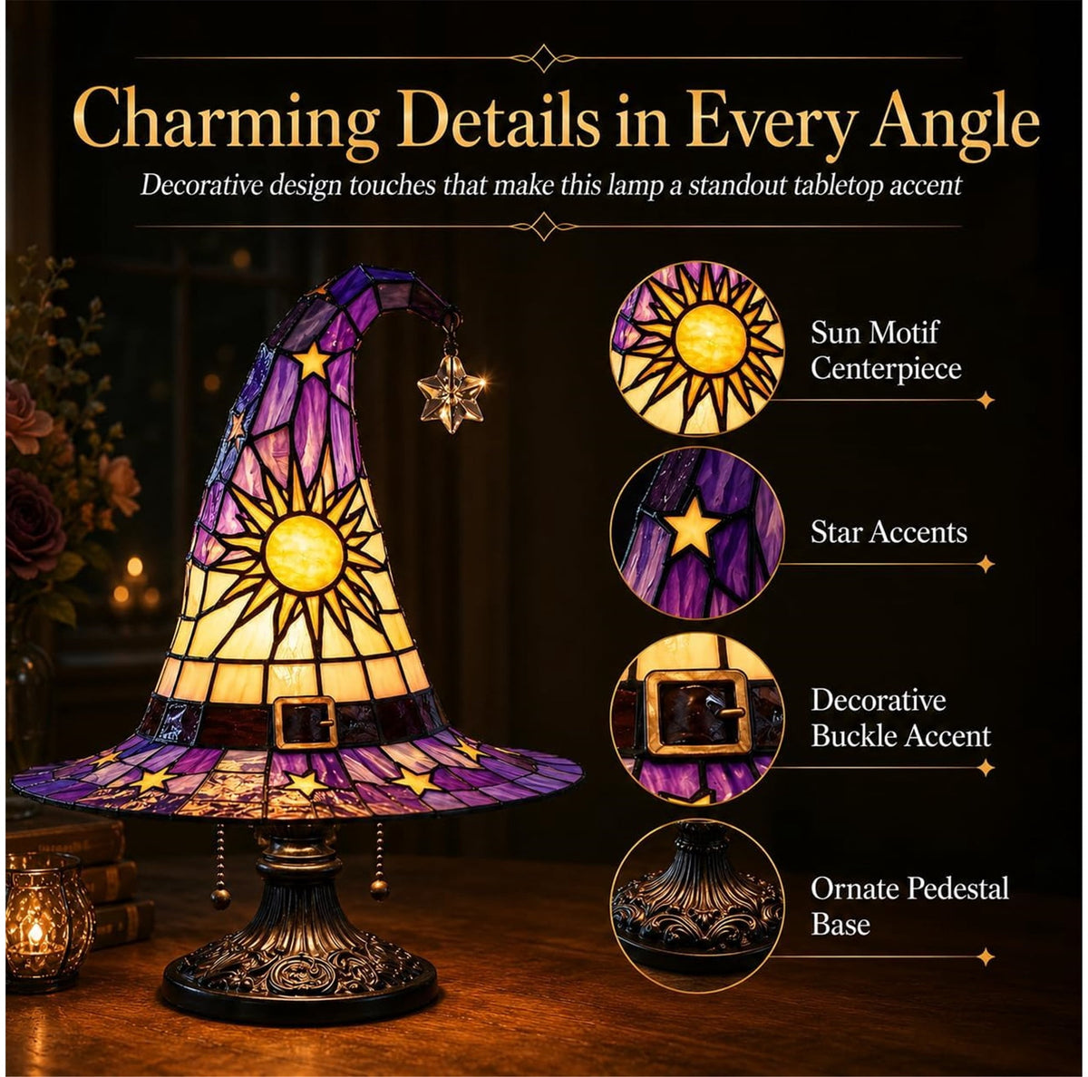Stained Glass Witch Hat Lamp, Tiffany Style USB LED Night Light for Halloween Party & Witchy Home Decor,Amber,11.81 in