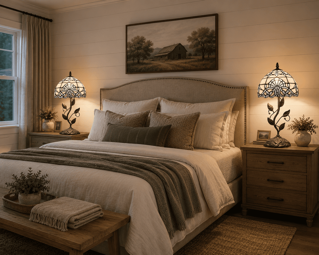 Tiffany Table Lamp White Stained Glass Baroque Style Lavender Included LED Bulb for Living Room Bedroom Bedside 10"W*10"D*20"H