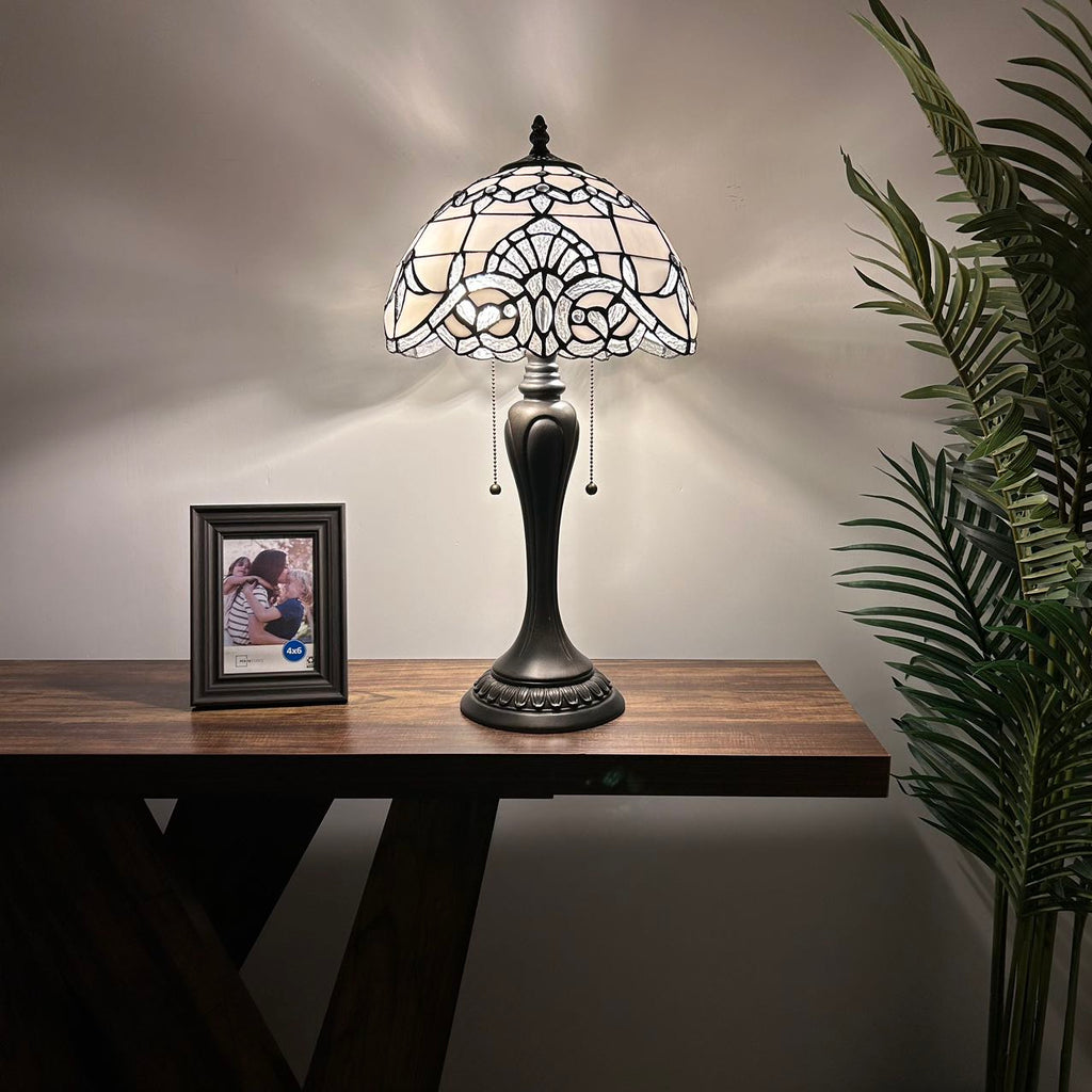 Tiffany Table Lamp White Stained Glass Baroque Style LED Bulbs Included Bedroom Living Room 12"W*12"D*22"H