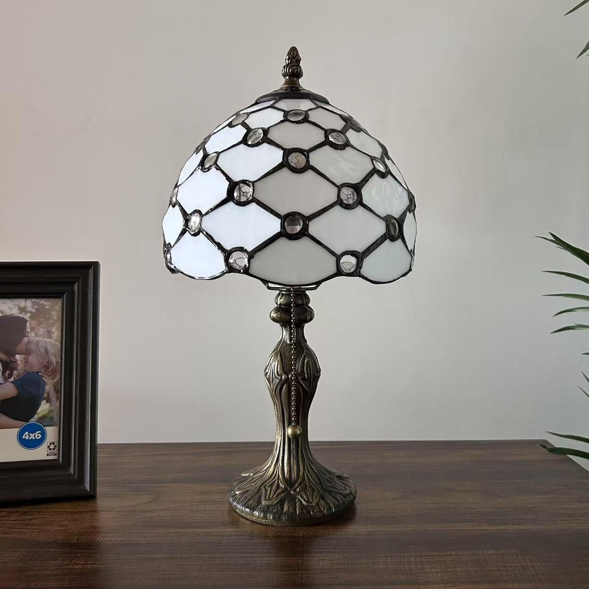 Tiffany Mini Table Lamp White Stained Glass Crystal Beans LED Bulb Included for Living Room Bedroom Bedside 15"H