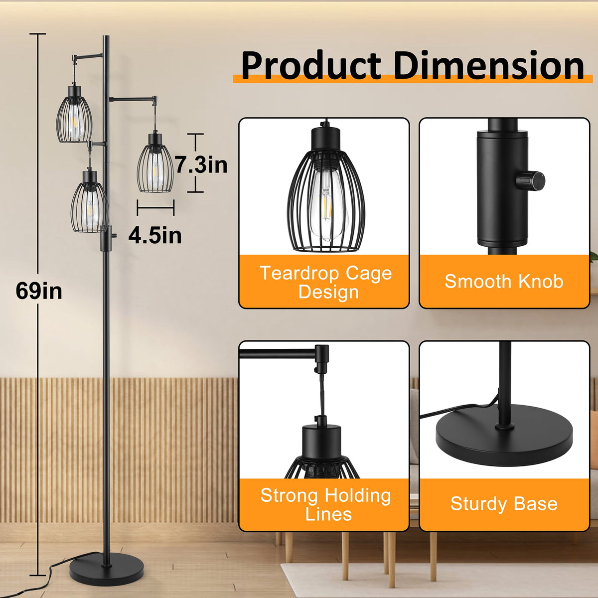 Cozylumi™ Vesteel Standing Lamp, Farmhouse Lamp with 3 Teardrop Cage and Bulbs