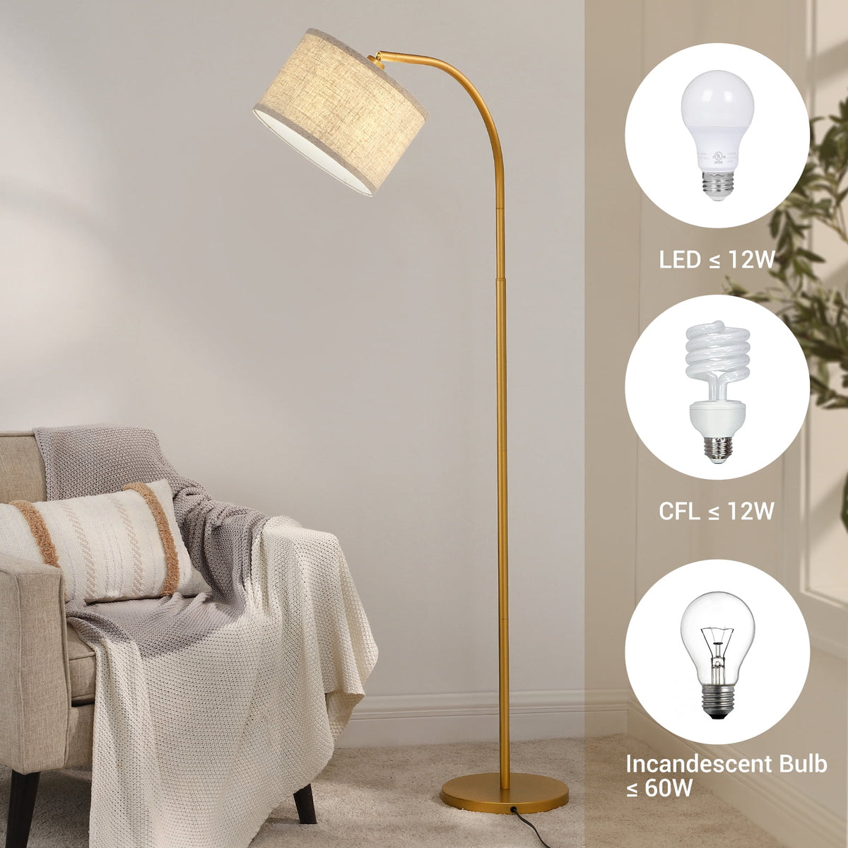Cozylumi™ DEWENWILS 63.4-Inch Modern Arc Gold Floor Lamps for Living Room, Metal