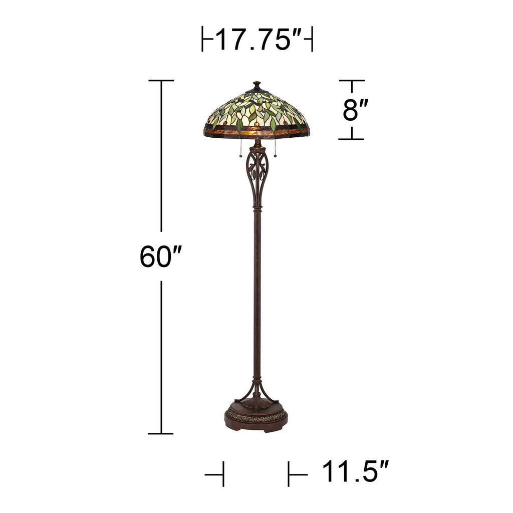 Robert Louis Tiffany Vintage Mission Floor Lamp Standing 60" Tall Bronze Leaf and Vine Stained Art Glass Shade for Living Room Bedroom Office House