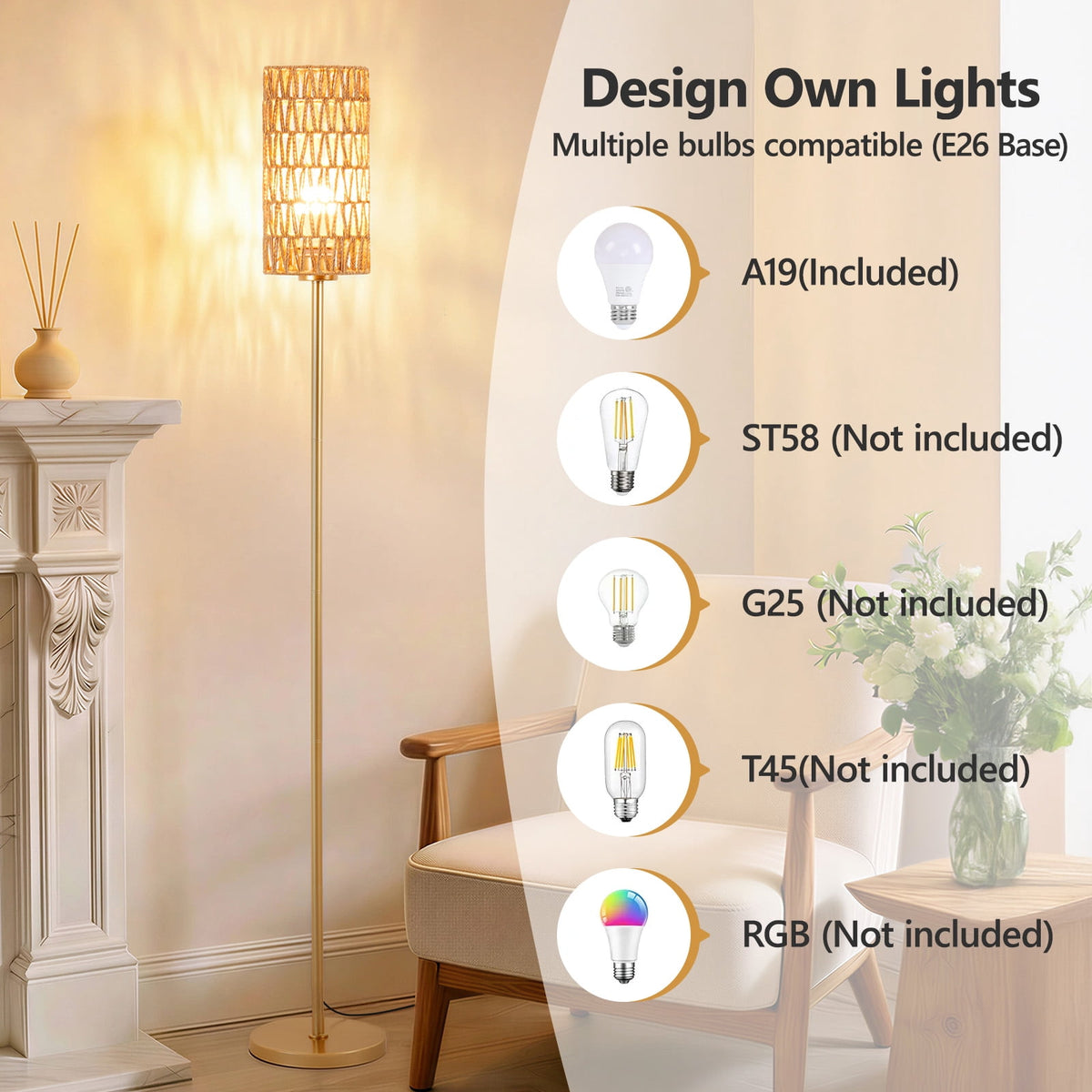 Cozylumi™ 66" Bedroom Floor Lamp 3 Color Temperatures, Gold Tall Standing Lamp with