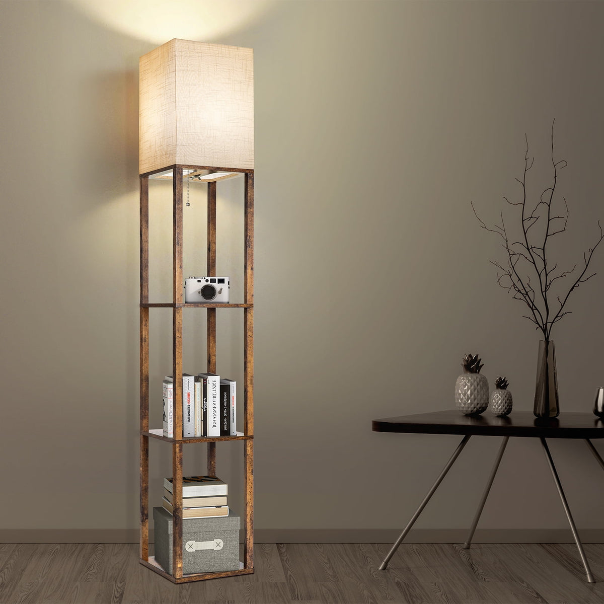 Cozylumi™ Floor Lamp with Shelves, Modern Dimmable Solid Wood Standing Lamp for Living