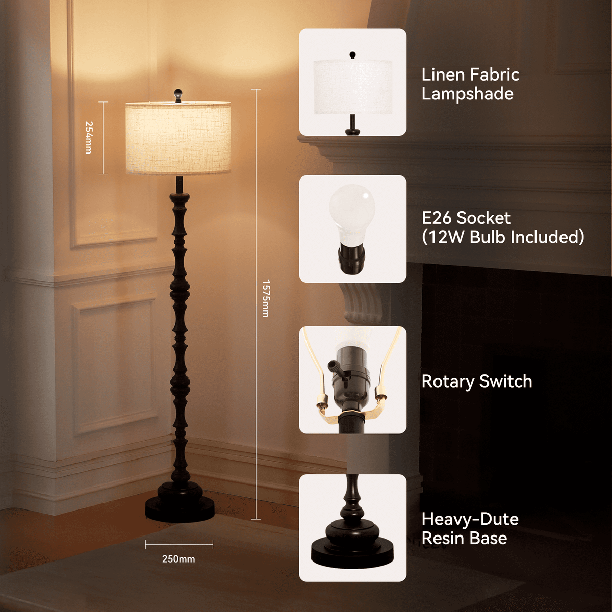 Cozylumi™ Floor Lamps for Living Room with 12W LED Bulb, Vintage Floor Lamp with 3