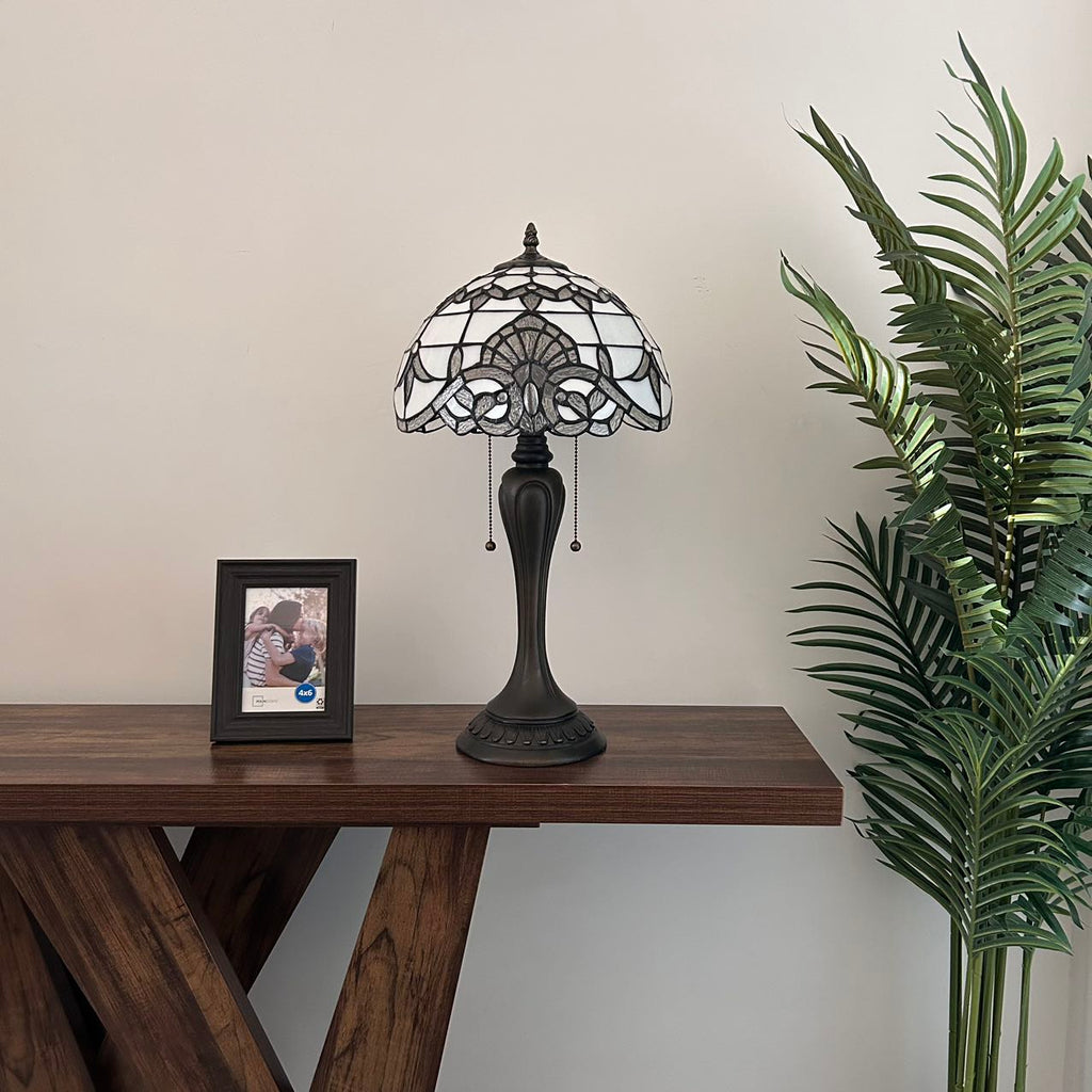 Tiffany Table Lamp White Stained Glass Baroque Style LED Bulbs Included Bedroom Living Room 12"W*12"D*22"H