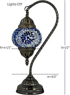 SILVERFEVER Turkish Moroccan Mosaic Table Lamp - Handmade Swan Neck Tiffany Glass Table Bedside Lamps w Bronze Base14.5 LED Bulb Included Deep Blue Flower