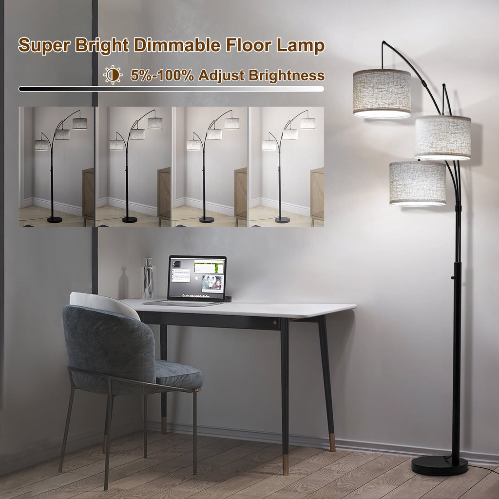 Cozylumi™ Netin 80? 3-Light Modern Dimmable Black Arc Floor Lamp with Beige Shades