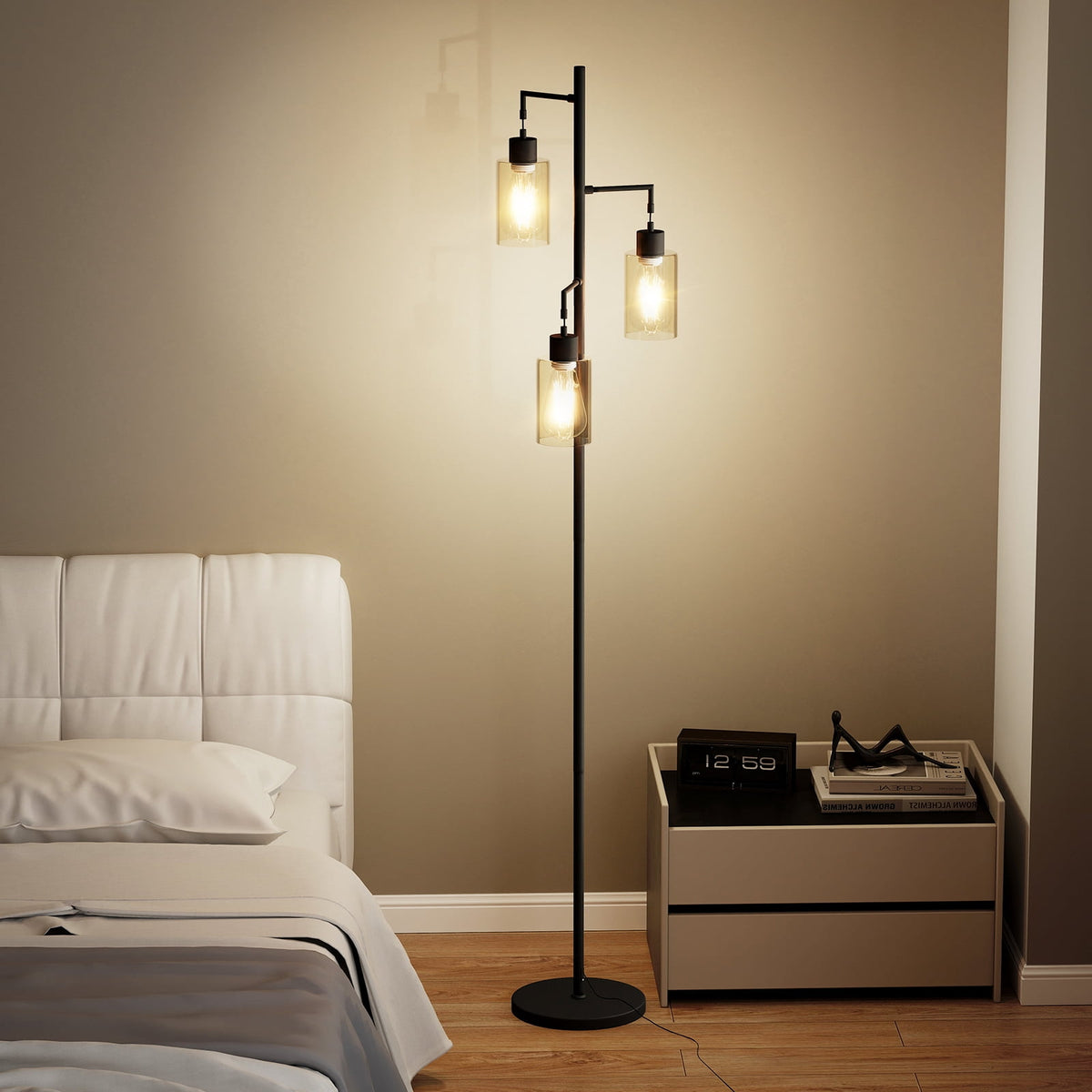 Cozylumi™ DRNANLIT 3-Light Industrial Floor Lamp with Clear Glass Shades, Black