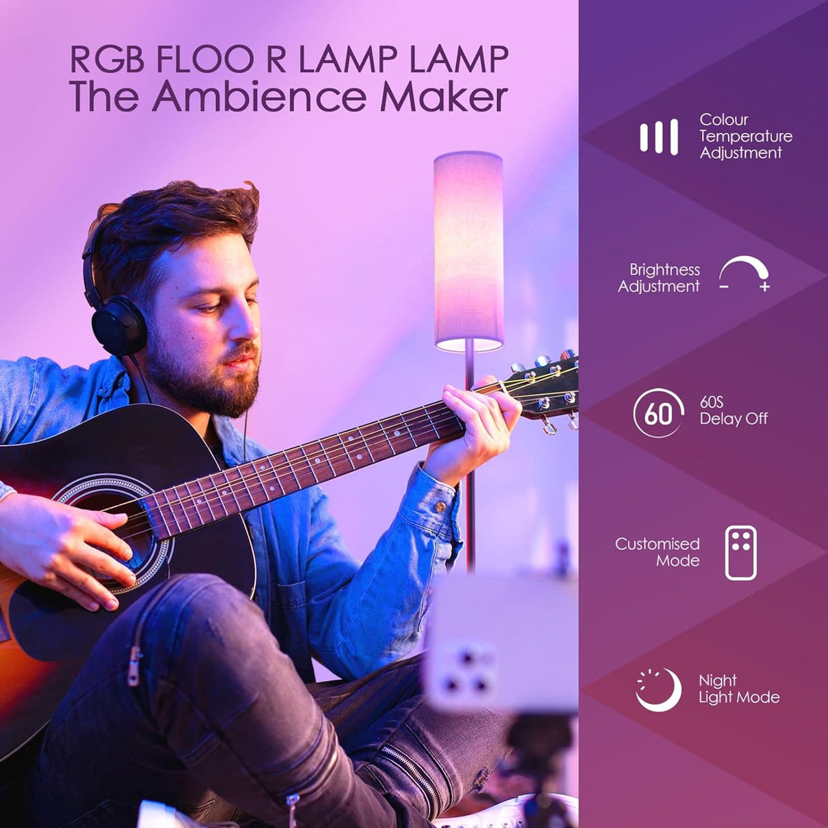 Cozylumi™ Neoglint Modern RGB Floor Lamp, Tall Dimmable Standing Light with App &