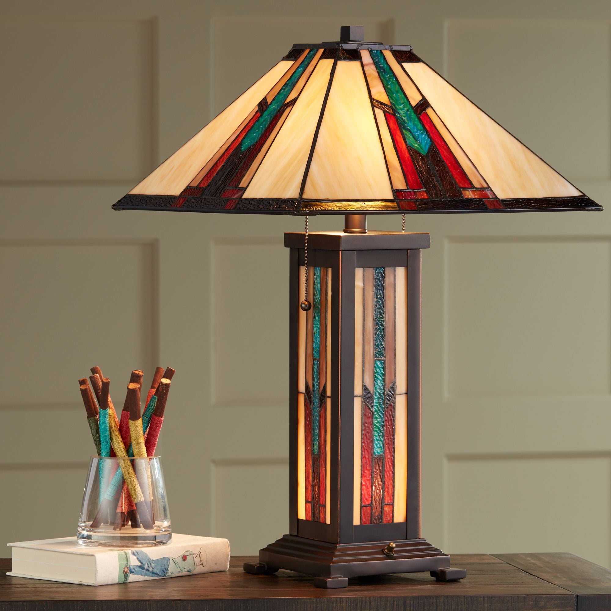 Robert Louis Tiffany Mission Style Table Lamp with Table Top Dimmer and Night Light 25" High Bronze Stained Glass for Living Room Bedroom