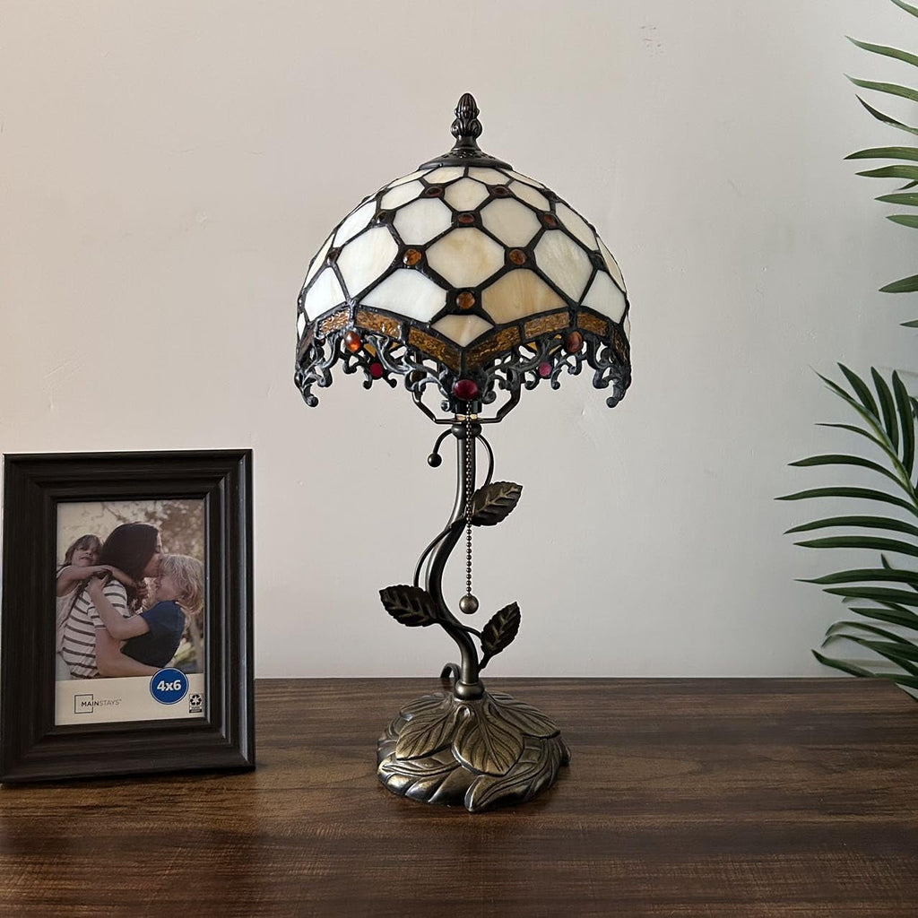 Tiffany Table Lamp Beige Stained Glass Crystal Beans LED Bulb Included for Living Room Bedroom Bedside 8"W*8"D*16"H