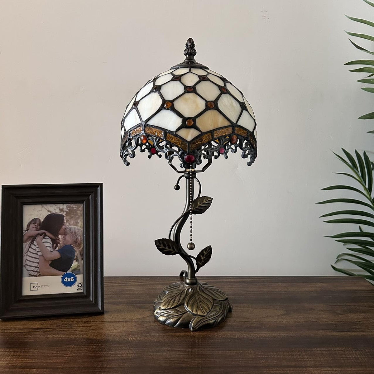 Tiffany Table Lamp Beige Stained Glass Crystal Beans LED Bulb Included for Living Room Bedroom Bedside 8"W*8"D*16"H