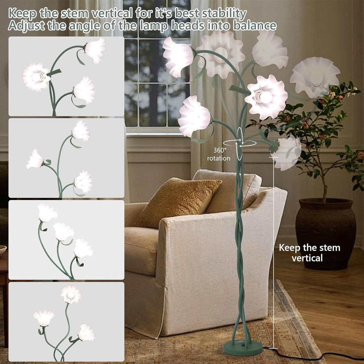 Cozylumi™ Vintage Flower Floor Lamp for Girls' Bedroom, Cute 3 Heads Floor Reading