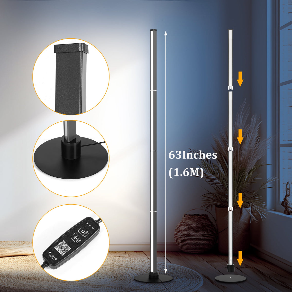 Cozylumi™ 63" Floor Lamp,Modern Color Changing Standing Lamp, Stepless Dimmable Corner