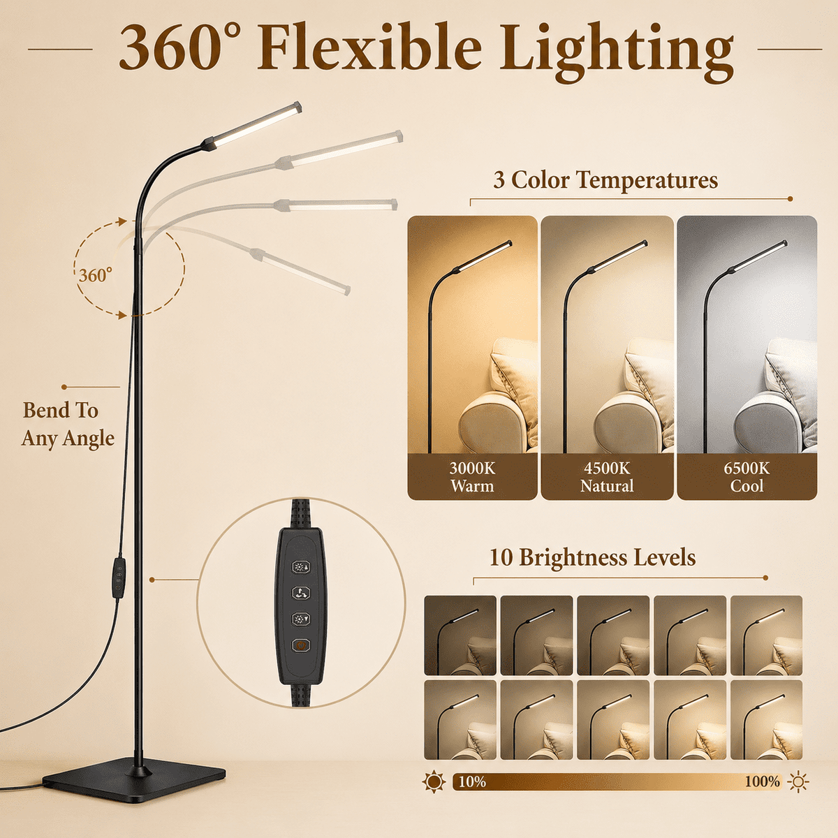 Cozylumi™ SERBASIC LED Floor Lamp, Dimmable Standing Light Height Adjustable with 360°