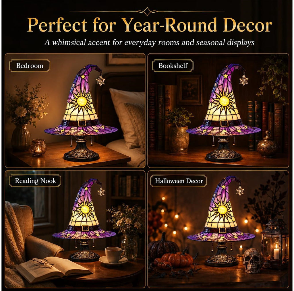 Stained Glass Witch Hat Lamp, Tiffany Style USB LED Night Light for Halloween Party & Witchy Home Decor,Amber,11.81 in