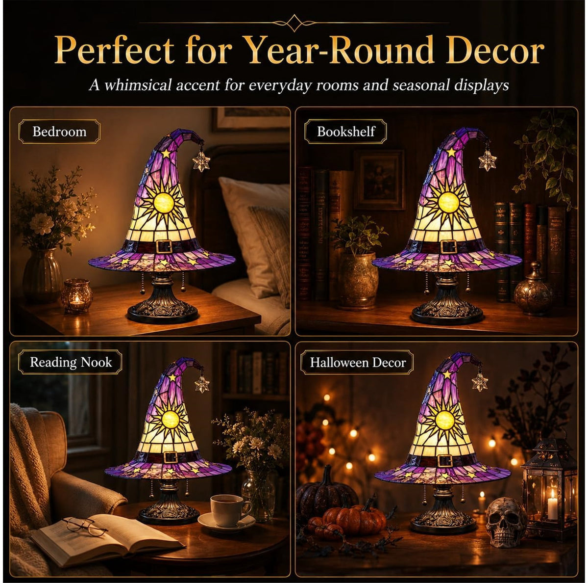 Stained Glass Witch Hat Lamp, Tiffany Style USB LED Night Light for Halloween Party & Witchy Home Decor,Amber,11.81 in
