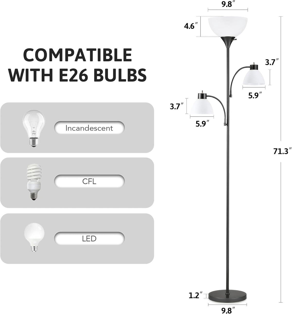 Cozylumi™ Lumadin 71'' Black Floor Lamp With 2 Adjustable Reading Lamp, Modern Design,3
