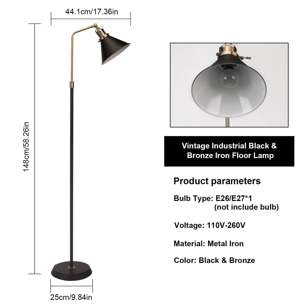 Cozylumi™ HonoDing 58" Rustic Rotatable Floor Lamp, Vintage Metal Design, Black