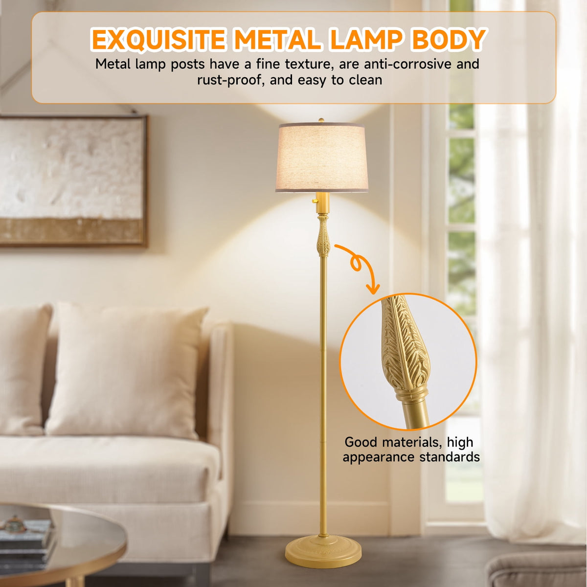 Cozylumi™ Floor Lamp for Living Room,Bedroom,Gold Dimmable Standing Lamp Mid Century