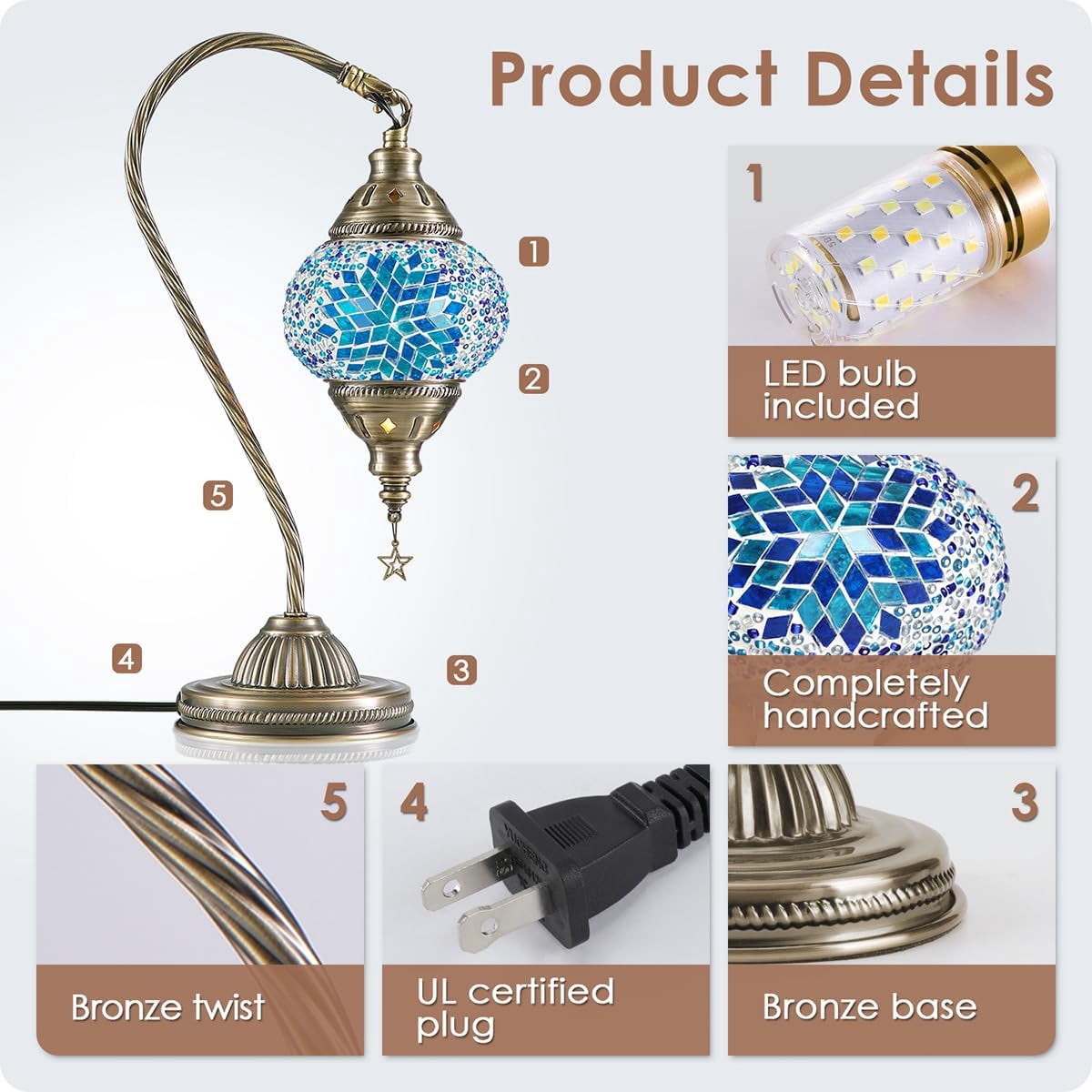 Yarra-Decor Turkish Moroccan Lamp with Bronze Base 3 Color Options Handmade Swan Neck Tiffany Mosaic Glass Bedside Lamps for Bedroom (LED Bulb Included)(4)