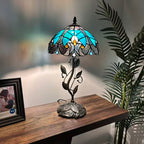 Tiffany Table Lamp Green Brown Stained Glass Iron Metal Leaves Bronze Base Included LED Bulb Liaison Lamp for Living Room Bedroom Bedside 20'H*10"W
