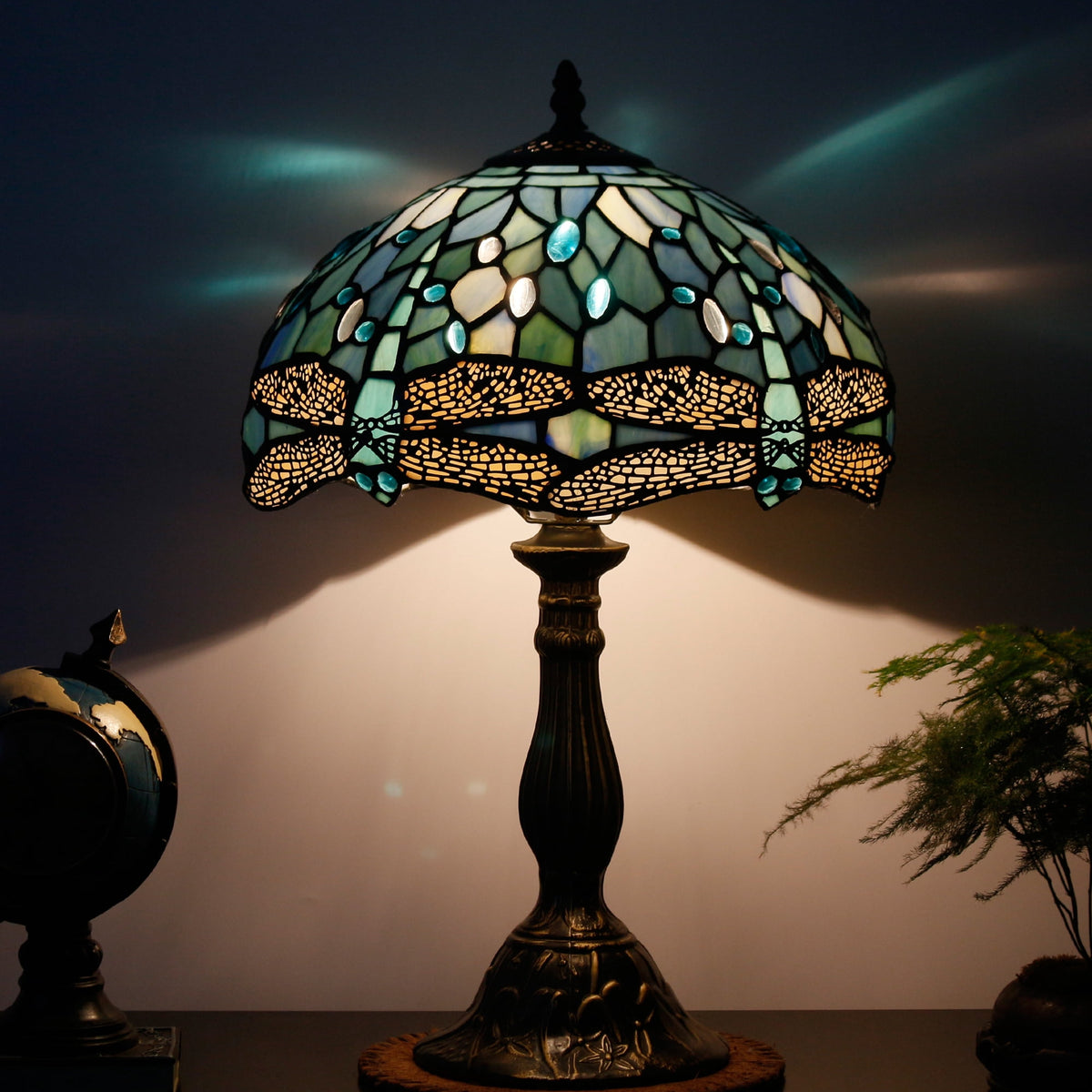 Tiffany Lamp Table Lamp Sea Blue Stained Glass Dragonfly Style Luxurious Boho Banker Memory Lamp Sympathy Nightstand Reading Desk Light 18" Tall Bedside Bedroom Living Room Farmhouse Hotel