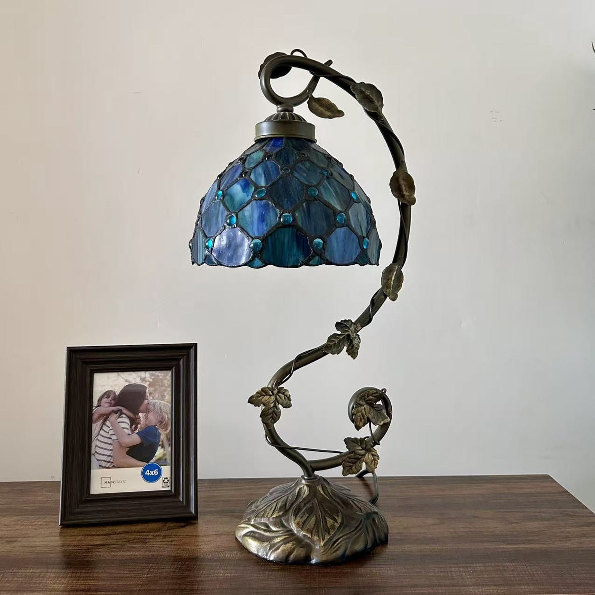 Tiffany Table Lamp Blue Stained Glass Crystal Beans LED Bulb Included for Living Room Bedroom Bedside 21"H