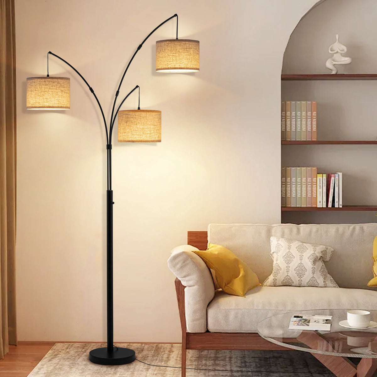 Cozylumi™ Netin 80? 3-Light Modern Dimmable Black Arc Floor Lamp with Beige Shades