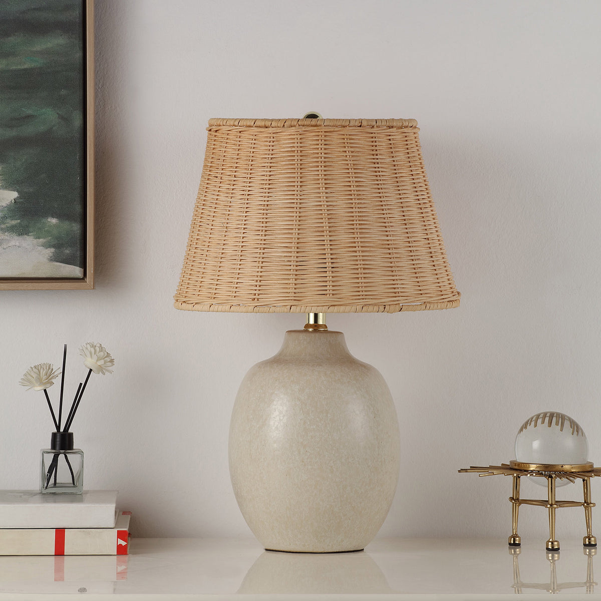 Cozylumi™ Cream Reactive Ceramic Table Lamp with Natural Rattan Shade, 18 in