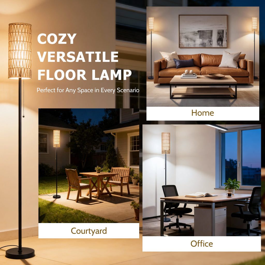 Cozylumi™ Coliware 63? Rattan Floor Lamp, Black Modern Standing Lamp with Pull Chain
