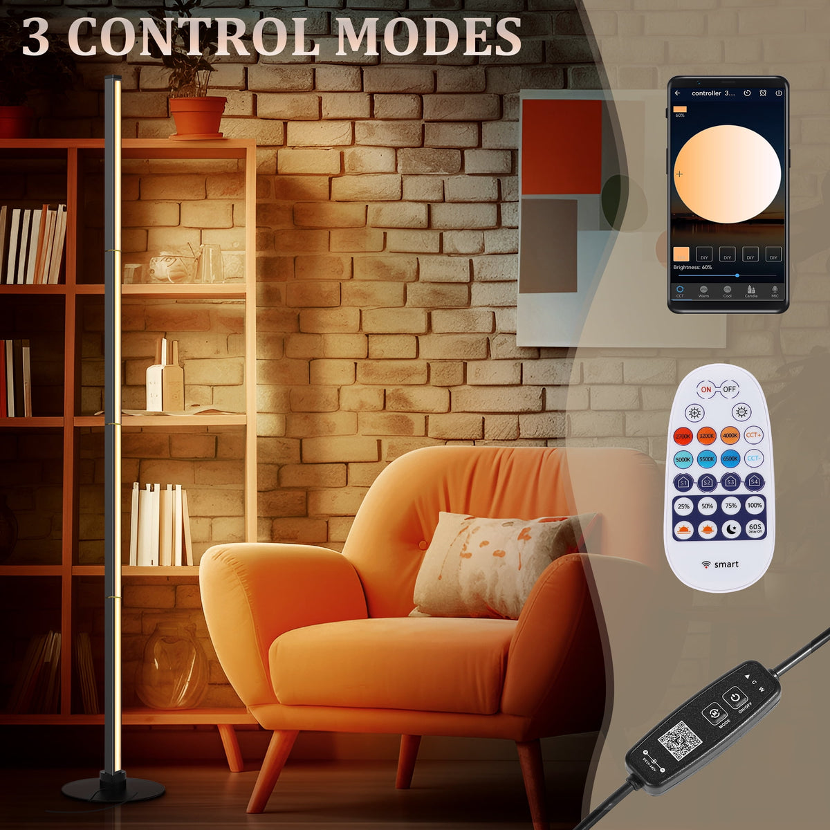 Cozylumi™ 63" Floor Lamp,Modern Color Changing Standing Lamp, Stepless Dimmable Corner