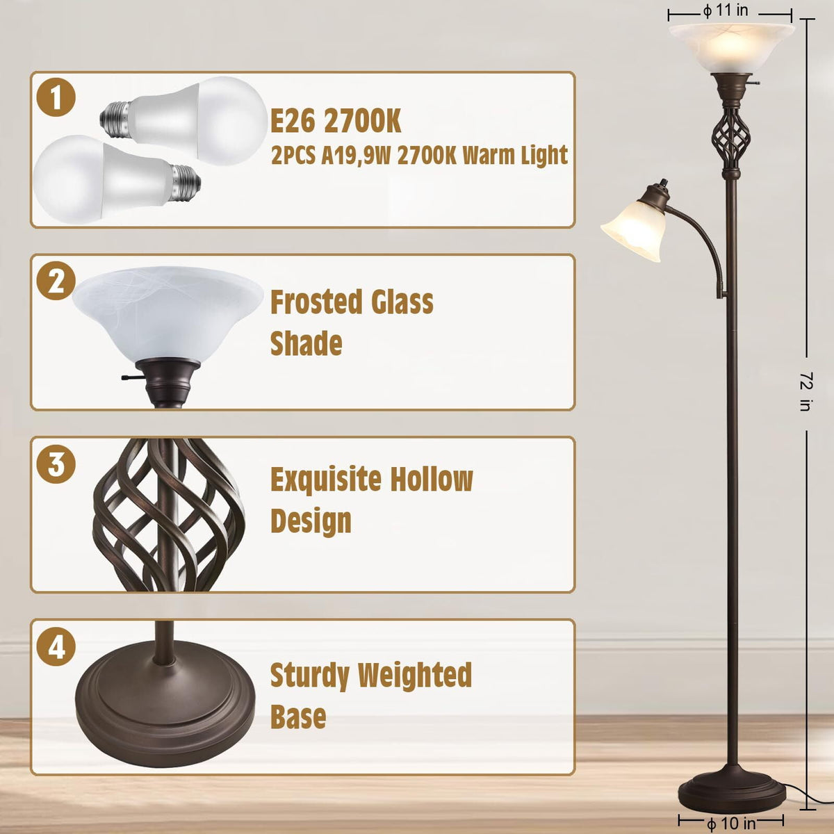 Cozylumi™ Floor Lamp for Living Room, LED Standing Reading Light for Bedroom with Glass