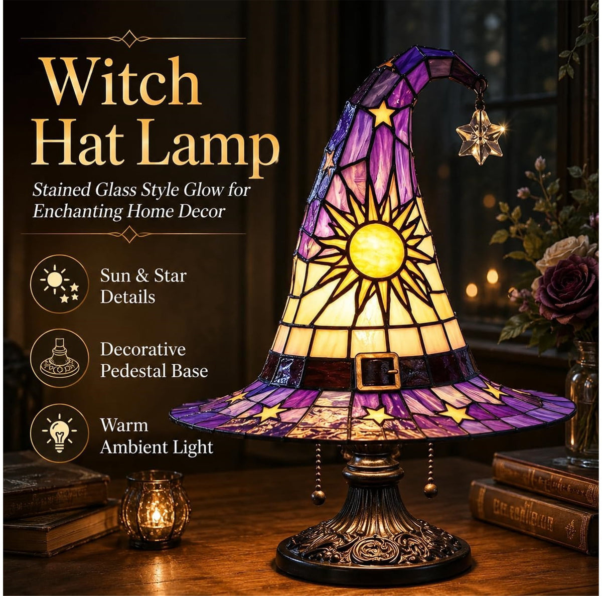 Stained Glass Witch Hat Lamp, Tiffany Style USB LED Night Light for Halloween Party & Witchy Home Decor,Amber,11.81 in