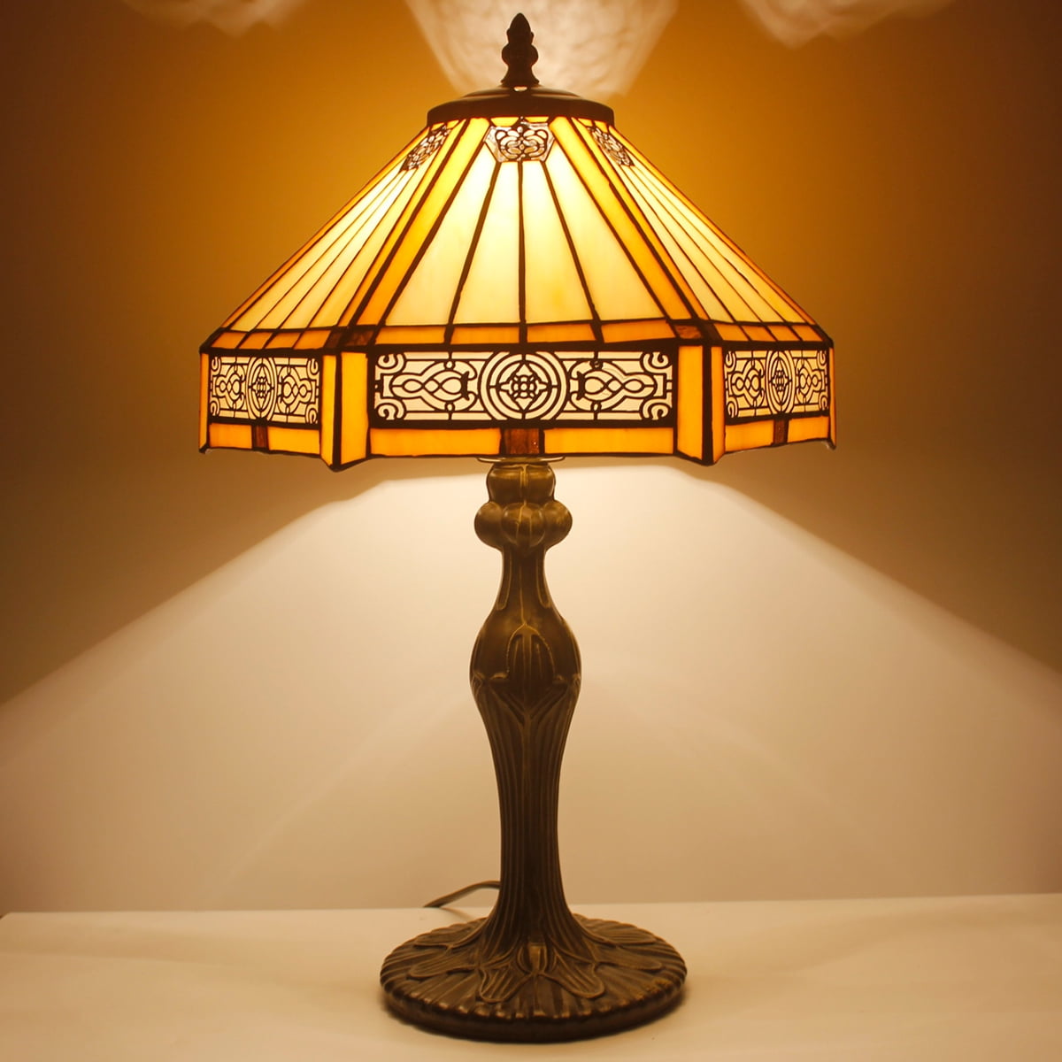 Tiffany Lamp Bedside Table Lamp Yellow Hexagon Stained Glass Mission Style Reading Desk Light 18" Tall Lover Livingroom Bedroom Library Banker Hotel Luxurious Victorian WERFACTORY LED Bulb Included