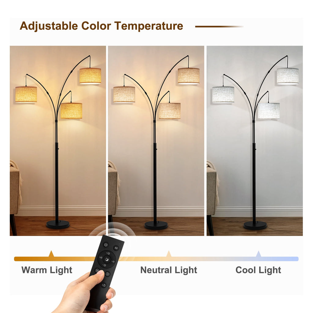 Cozylumi™ Netin 80? 3-Light Modern Dimmable Black Arc Floor Lamp with Beige Shades