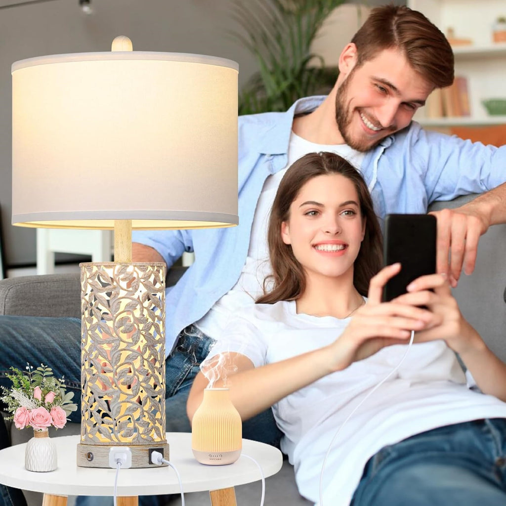 Cinkeda 24.5" White Tiffany-Style Table Lamp Set of 2, 3-Level Dimming Night Light Bedside Lamps with Dual USB Ports for Living Room Bedroom